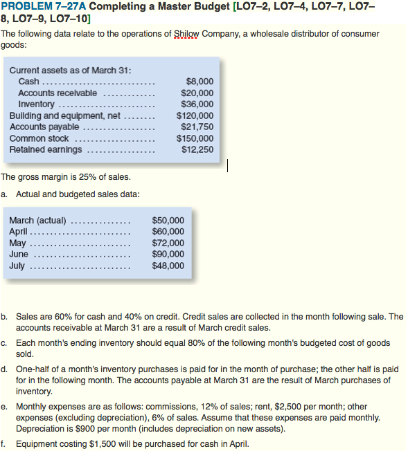 PROBLEM 727A Completing a Master Budget [LO72, LO74, LO77, LO78, LO79, LO710]
