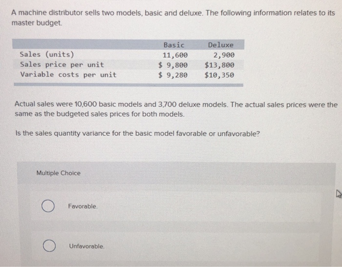  A machine distributor sells two models, basic and deluxe. The following