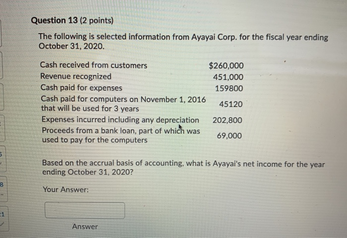  Question 13 (2 points) The following is selected information from Ayayai