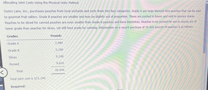  Allocating Joint Costs Using the Physical Units Method Sunny Lane, Inc.,