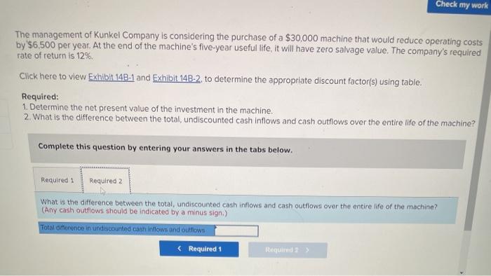 of Kunkel Company is considering the purchase of a $30,000 machine that