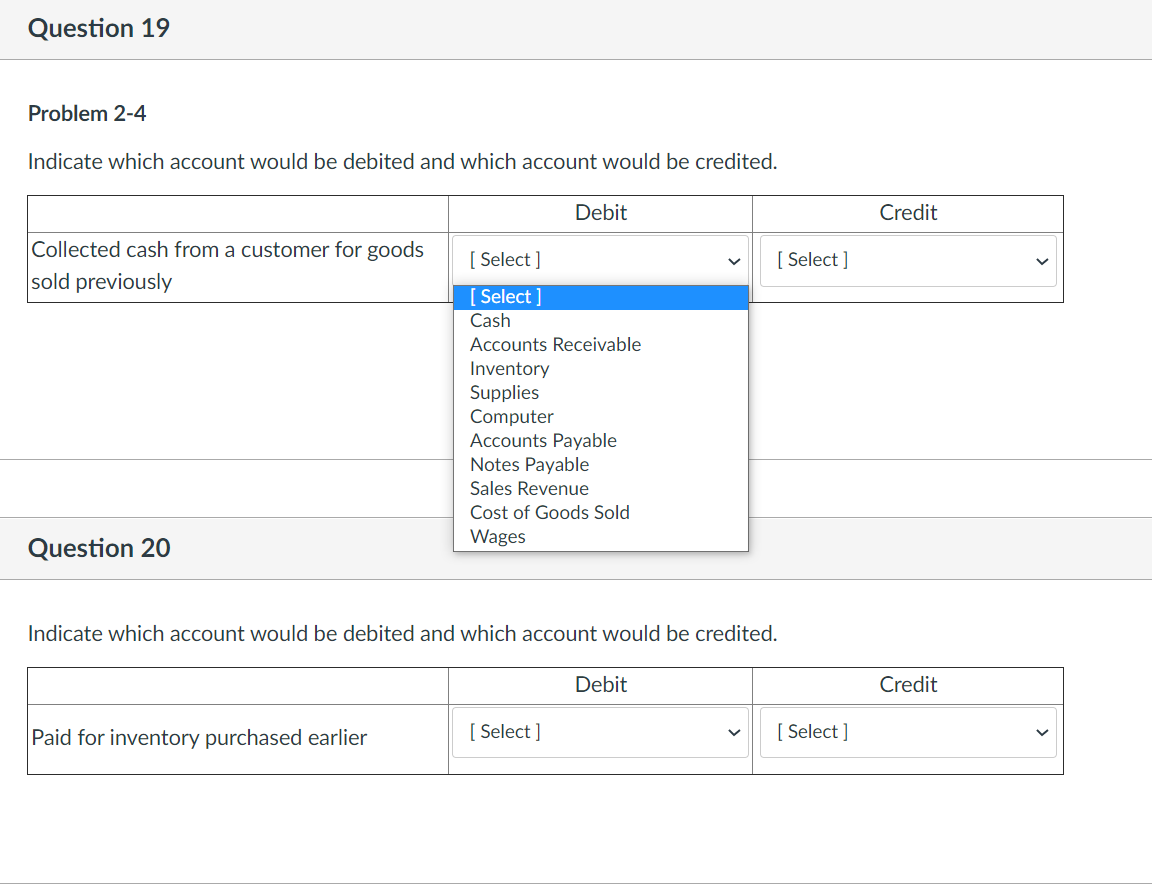  Question 19 Problem 2-4 Indicate which account would be debited and
