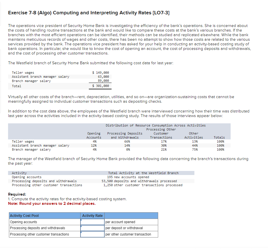  Exercise 7-8 (Algo) Computing and Interpreting Activity Rates [LO7-3] The operations