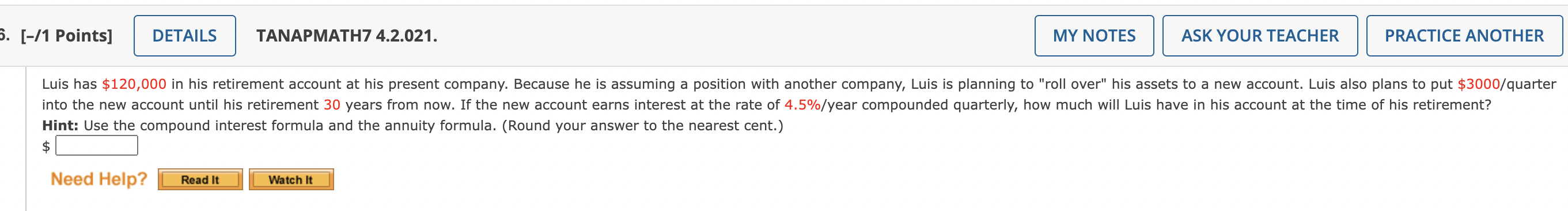  5. [-/1 Points] DETAILS TANAPMATH7 4.2.021. MY NOTES ASK YOUR TEACHER