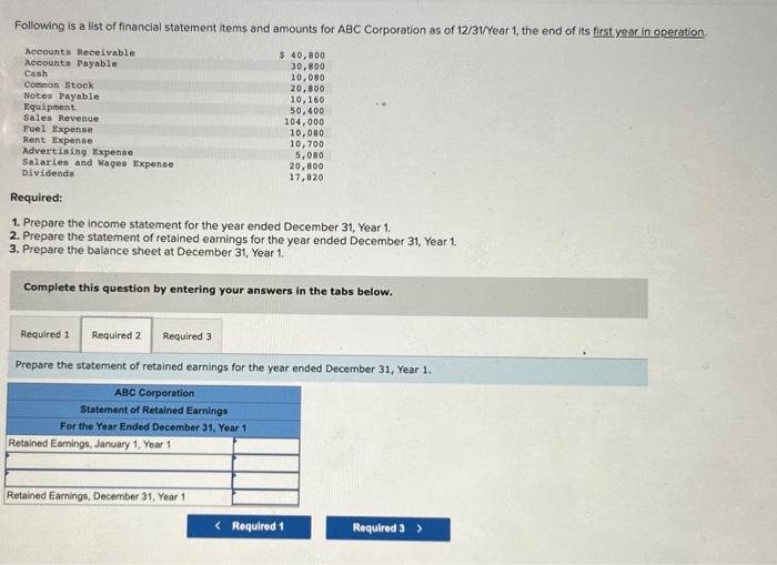 of financial statement items and amounts for ABC Corporation as of 12/31/