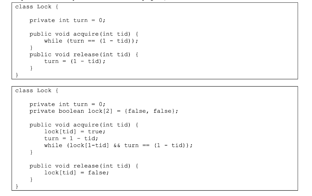 The following Java code samples describe a Lock class with two methods:
