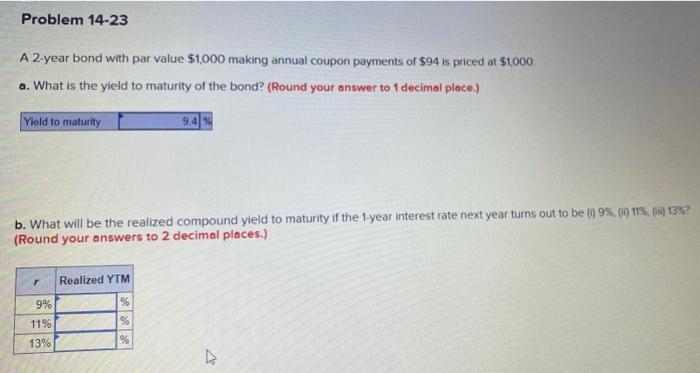  Problem 14-23 A 2-year bond with par value $1,000 making annual