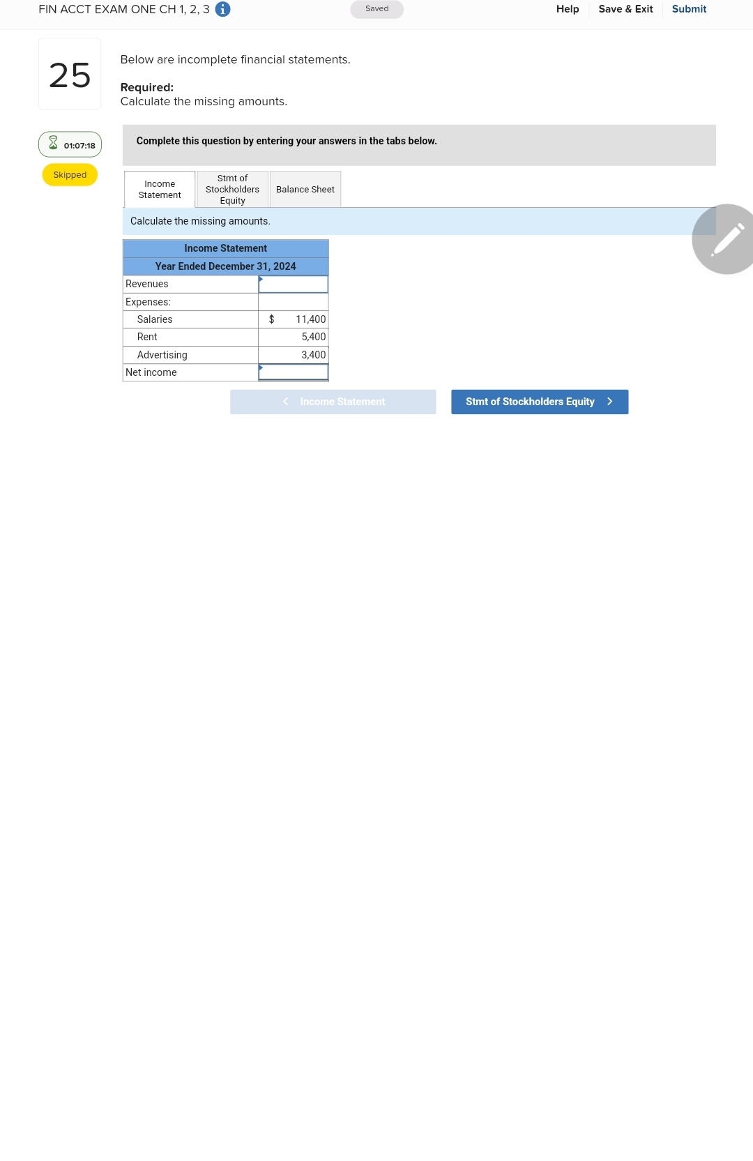  I need help please FIN ACCT EXAM ONE CH 1,2,3(i) Help