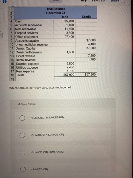  Saved Help Save & Exit Submit Credit 37 1 Trial Balance