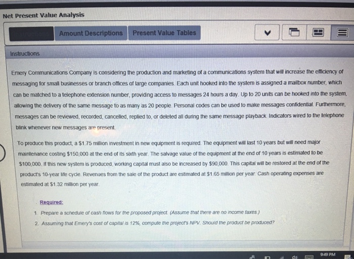  Net Present Value Analysis Amount Descriptions Present Value Tables Instructions Emery