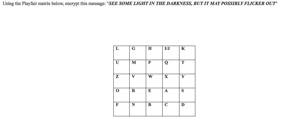 Using the Playfair matrix below, encrypt this message: "SEE SOME LIGHT