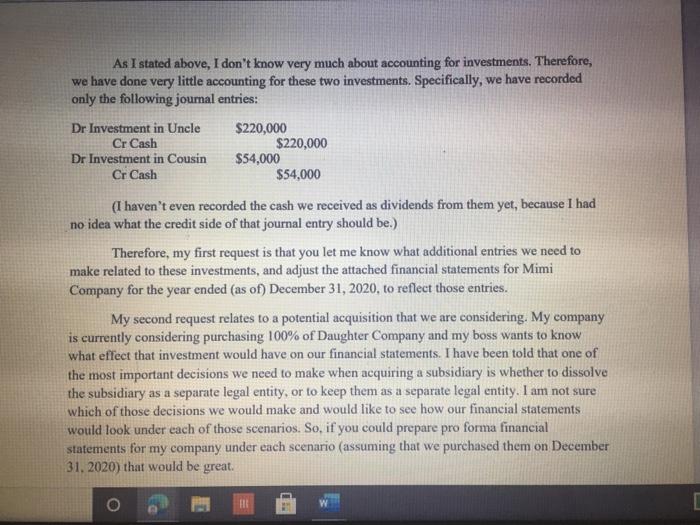 purchase of daughter 3. use Mimi's updated balances and daughter balance sheet