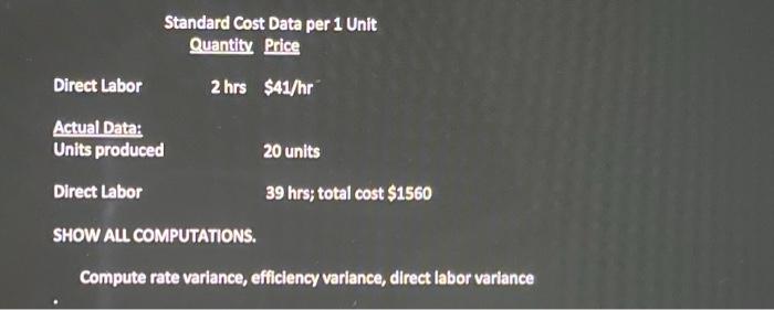  Standard Cost Data per 1 Unit Quantity Price Direct Labor 2