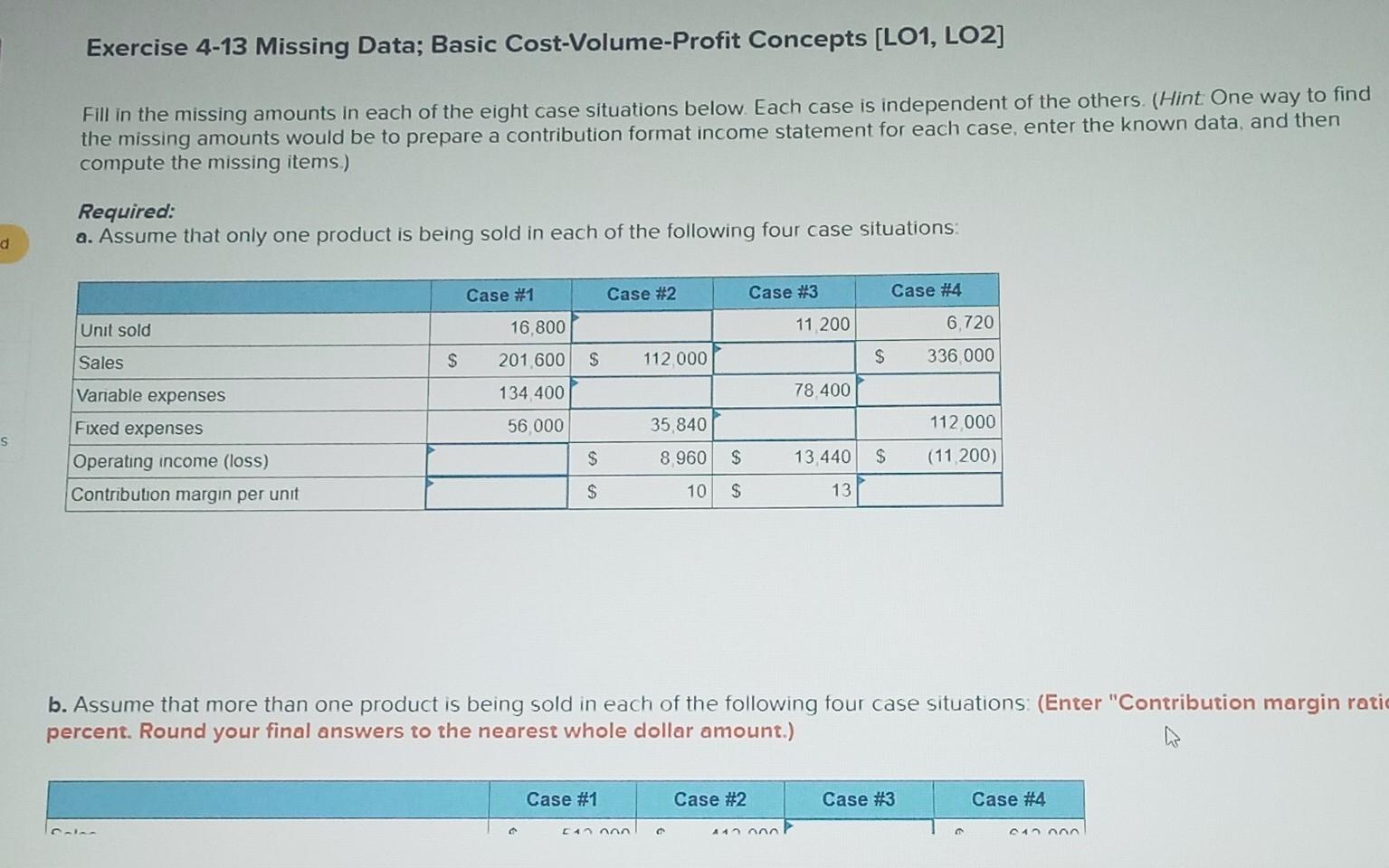  Exercise 4-13 Missing Data; Basic Cost-Volume-Profit Concepts [LO1, LO2] Fill in