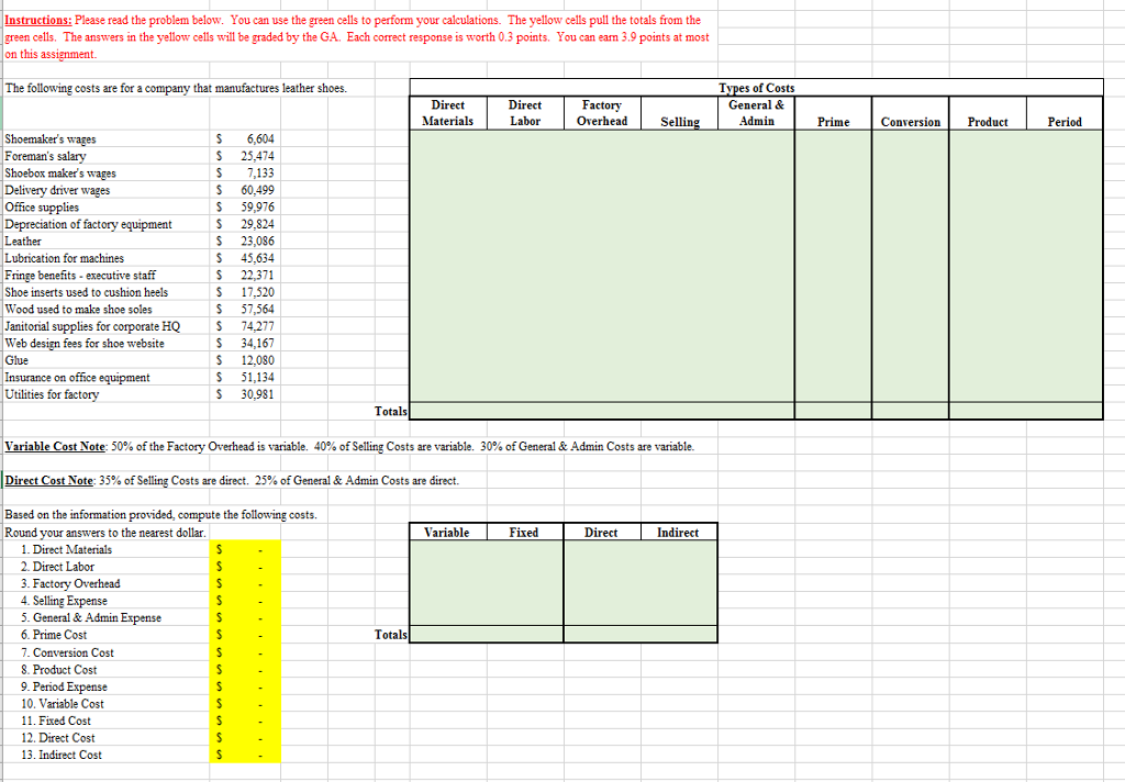 Cost Accounting Problem in excel: Please read the problem below. You can