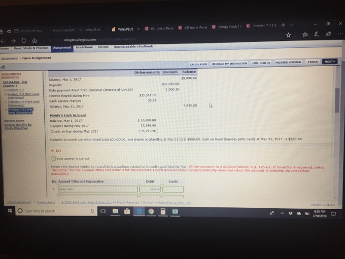 (Part Level Submission) Bit Jovi is revlewing the cash accounting for Monty,