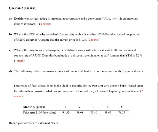 Question 2 (9 marks) a) Explain why a credit rating is