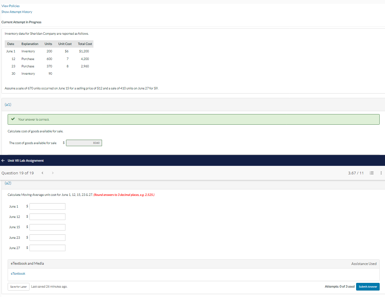  Current Attempt in Progress Inventory data for Sheridan Company are reported
