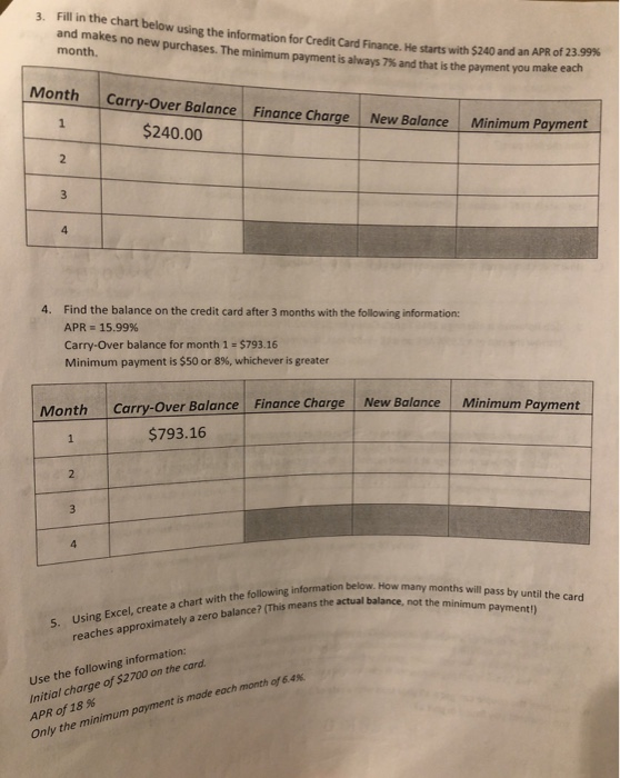  3. Fill in the chart below using the information for Credit