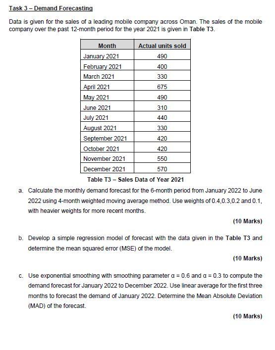 Question C, please do not neglect it Task 3 - Demand Forecasting