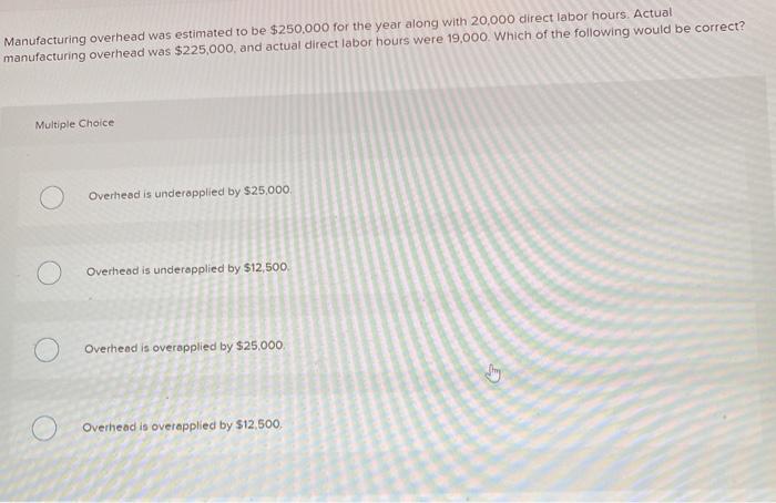 will rate for help! Manufacturing overhead was estimated to be $250,000 for
