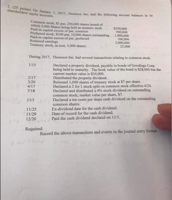  2. (25 points) On January 1, 2017. The shareholders' equity accounts.