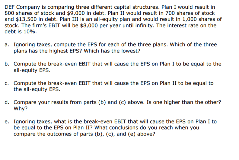 A5Q6 DEF Company is comparing three different capital structures. Plan I would