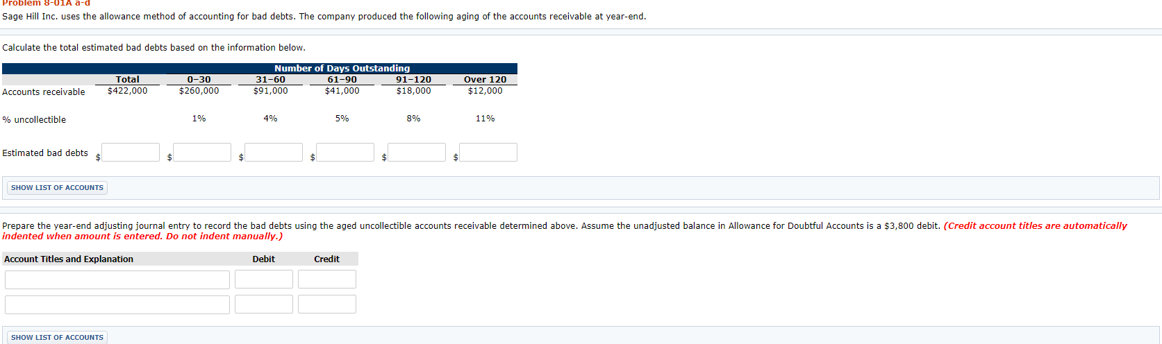 Problem 8-01A a-d Sage Hill Inc. uses the allowance method of