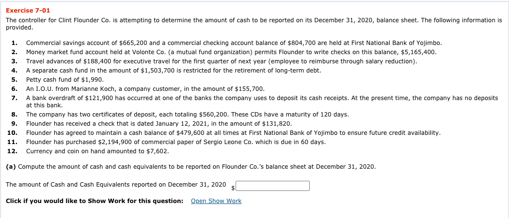  Exercise 7-01 The controller for Clint Flounder Co. is attempting to