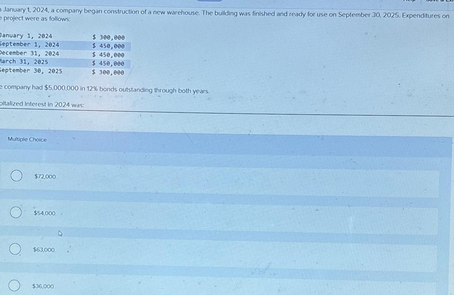  January 1,2024, a company began construction of a new warehouse. The