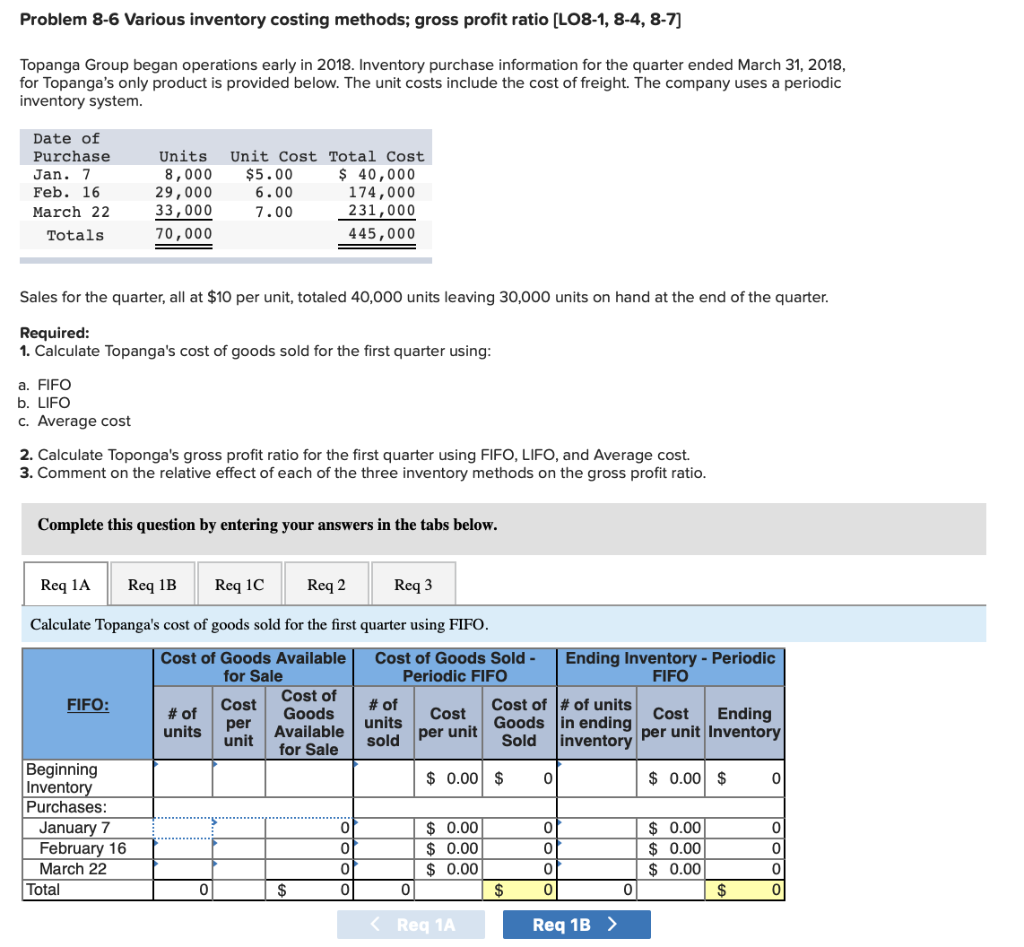  Problem 8-6 Various inventory costing methods; gross profit ratio [LO8-1, 8-4,