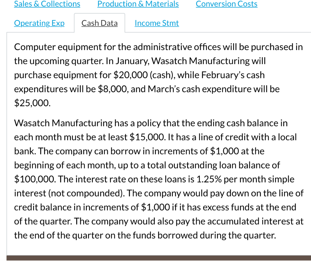 cash payments budget for direct labor costs. 6. Prepare a cash payments