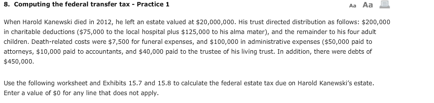 8. Computing the federal transfer tax - Practice 1 Aa Aa