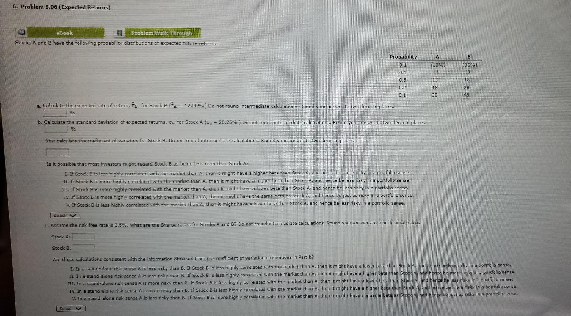  6. Problem 8.06 (Expected Returns) eBool Problem Walk Through Stocks A
