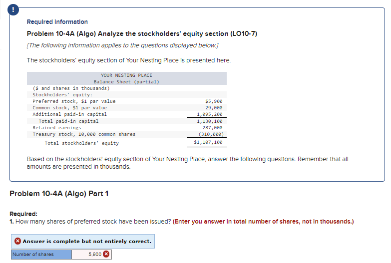 Required Information Problem 10-4A (Algo) Analyze the stockholders' equity section (LO10-7)