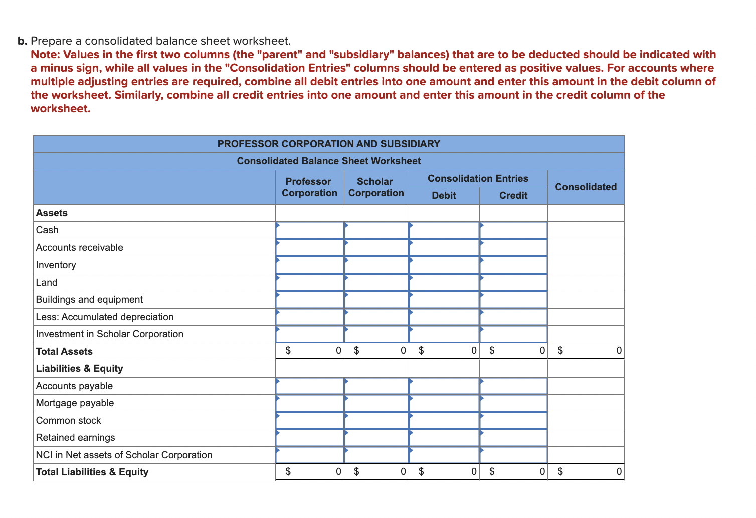 first two columns (the "parent" and "subsidiary" balances) that are to be