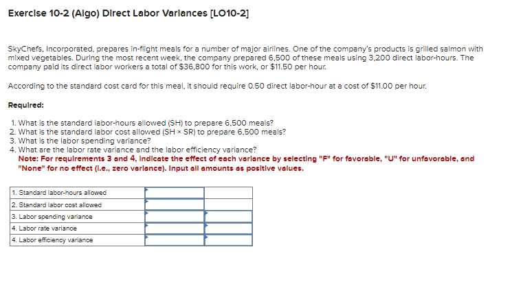  Exerclse 10-2(Algo) Direct Labor Varlances [L010-2] SkyChefs, Incorporated, prepares in-flight meals