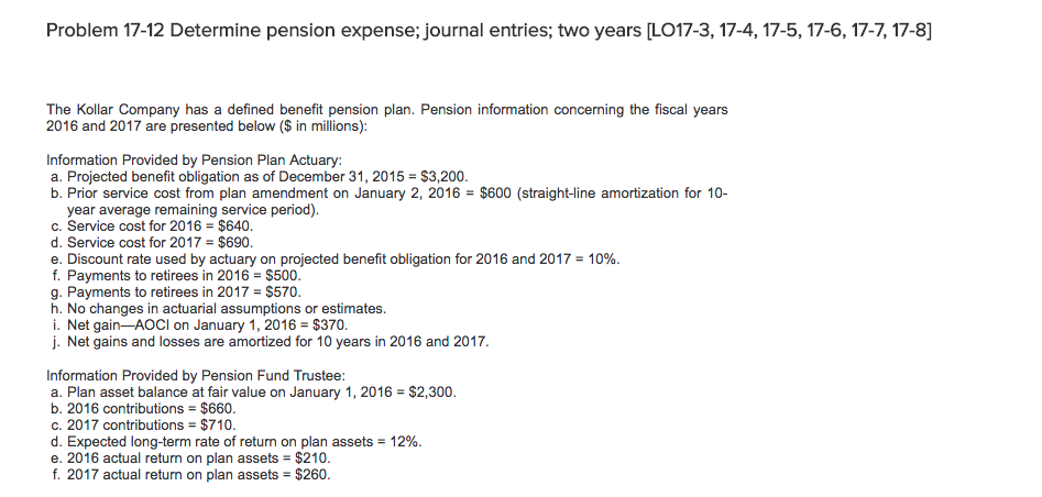 . Problem 17-12 Determine pension expense; journal entries, two years [LO17-3,17-4,17-5,17-6,17-7, 17-8]