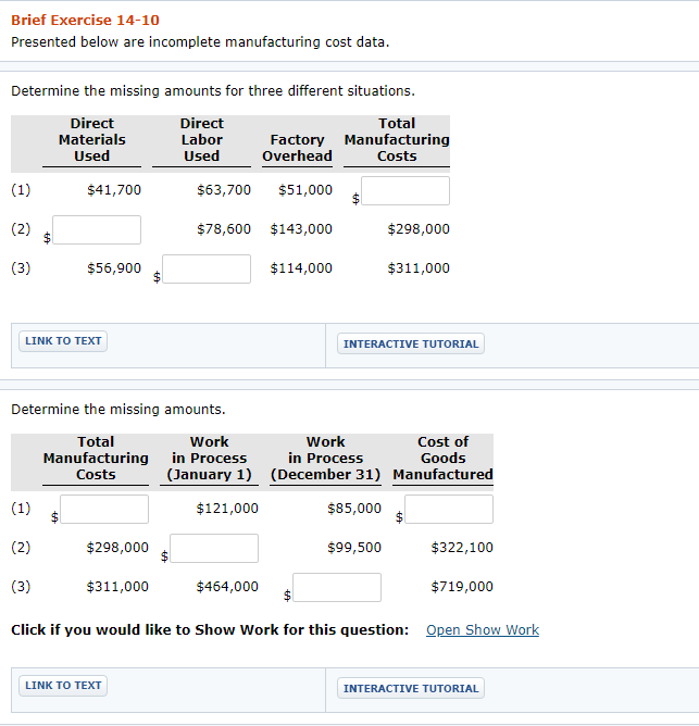  Brief Exercise 14-10 Presented below are incomplete manufacturing cost data Determine