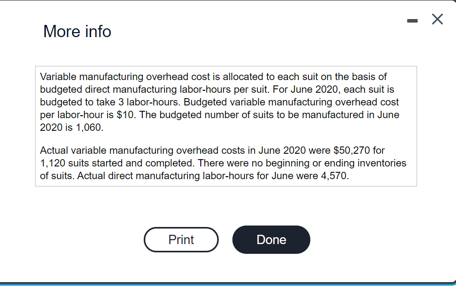 More info Variable manufacturing overhead cost is allocated to each suit