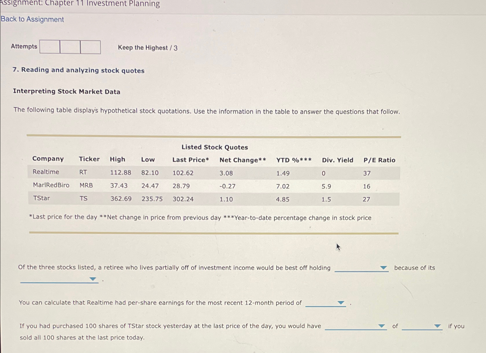  Assignment: Chapter 11 Investment Planning Back to Assignment Attempts Keep the