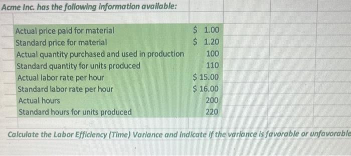  Calculate the Labor Efficiency (Time) Variance and indicate If the variance