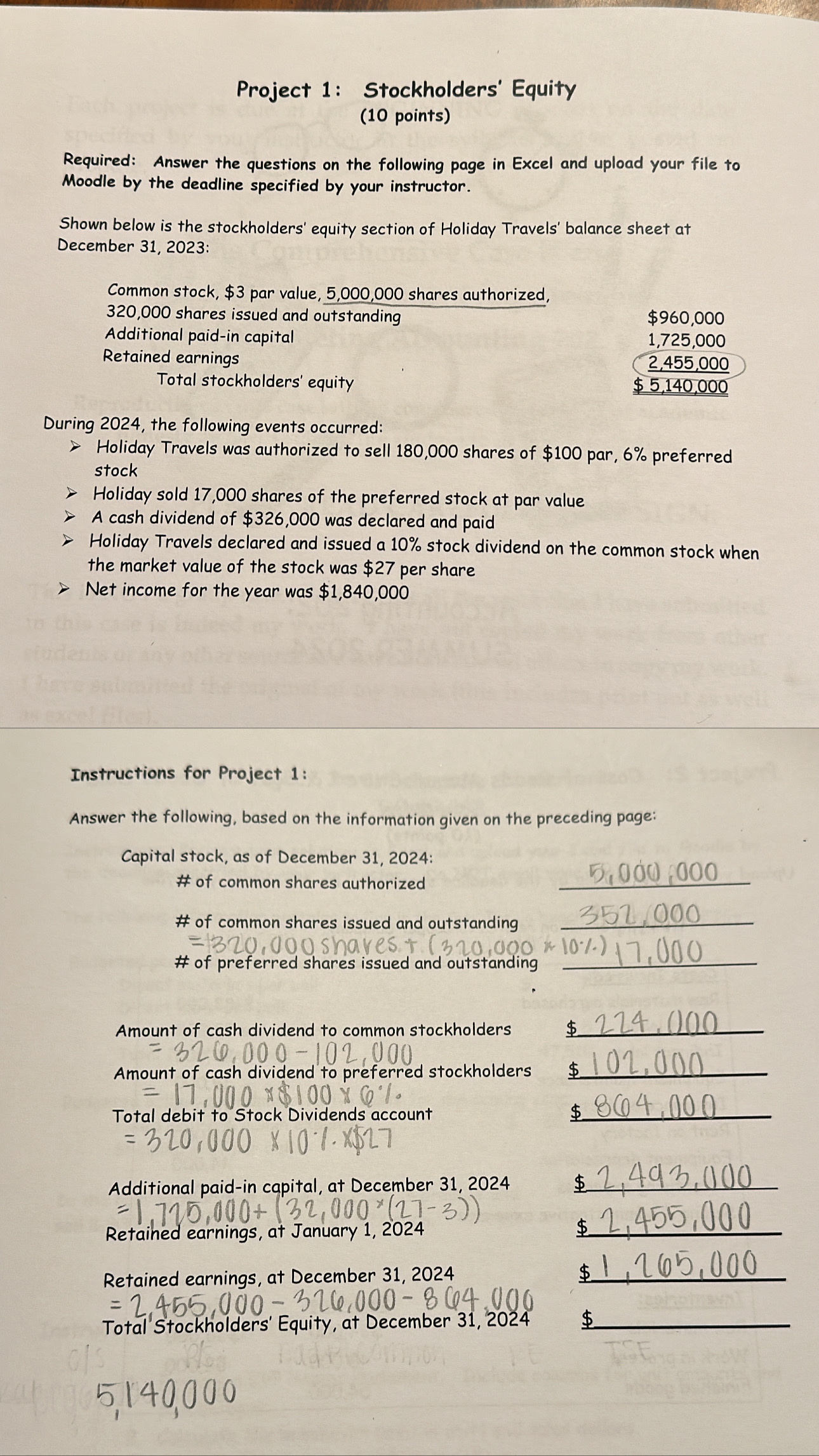  Project 1: Stockholders' Equity (10 points) Required: Answer the questions on