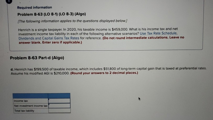 Required information Problem 8-63 (LO 8-1) (LO 8-3) (Algo) [The following