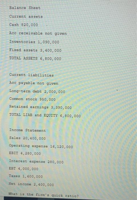 please help asap, will upvote! Balance Sheet Current assets Cash 820,000 Acc