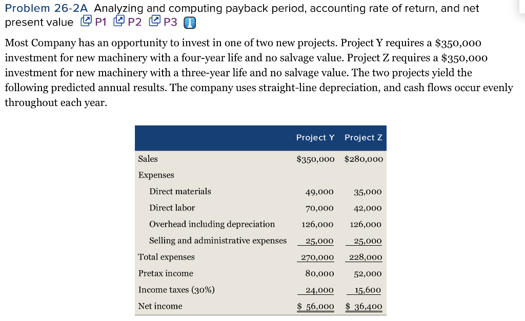  Problem 26-2A Analyzing and computing payback period, accounting rate of return,