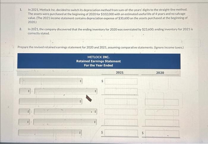 retained earnings statements for Metlock Inc. for the years 2020 and 2021.