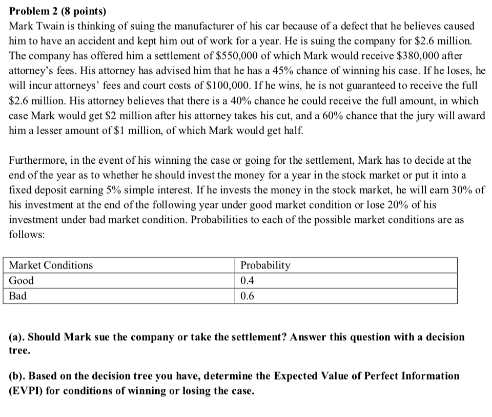Problem 2 (8 points) Mark Twain is thinking of suing the