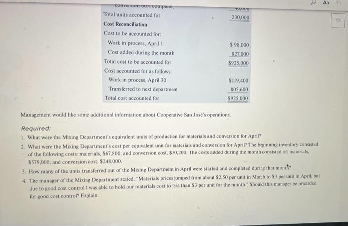 Required: 1. What were the Mixing Department's equivalent units of production for