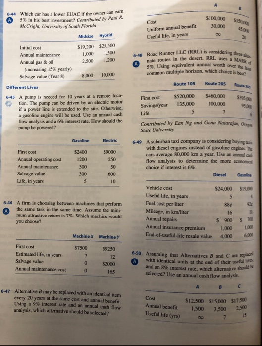 answer 47 only, thanks 6-44 Which car has a lower EUAC if